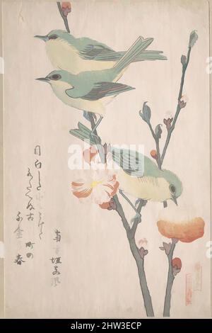 Kunst inspiriert von 『鳥合』 桃花に目白, Japanese White-Eyes on a Ast of Peach Tree“, aus der Serie an Array of Birds (Tori awase), aus dem Spring Rain Surimono Album (Harusame surimono-jō, Band 3), Edo Period (1615–1868), ca. 1805–10, Japan, privat veröffentlichte polychrome Holzschnitte (, von Artotop modernisierte klassische Werke mit einem Schuss Moderne. Formen, Farbe und Wert, auffällige visuelle Wirkung auf Kunst. Emotionen durch Freiheit von Kunstwerken auf zeitgemäße Weise. Eine zeitlose Botschaft, die eine wild kreative neue Richtung verfolgt. Künstler, die sich dem digitalen Medium zuwenden und die Artotop NFT erschaffen Stockfoto