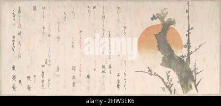 Kunst inspiriert von Rising Sun und Plum Tree, 19.. Jahrhundert, Japan, Teil eines Albums mit Holzschnitten (Surimono); Tinte und Farbe auf Papier, 4 1/2 x 10 1/2 cm (11,4 x 26,7 cm), Drucke, Totoya Hokkei (japanisch, 1780–1850, Klassische Werke, die von Artotop mit einem Schuss Moderne modernisiert wurden. Formen, Farbe und Wert, auffällige visuelle Wirkung auf Kunst. Emotionen durch Freiheit von Kunstwerken auf zeitgemäße Weise. Eine zeitlose Botschaft, die eine wild kreative neue Richtung verfolgt. Künstler, die sich dem digitalen Medium zuwenden und die Artotop NFT erschaffen Stockfoto