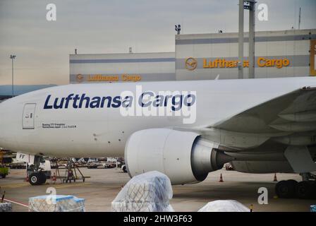 Lufthansa Frachtflugzeug am Frankfurter Flughafen Stockfoto