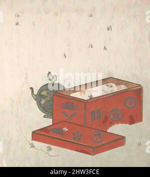 Kunst inspiriert von Red Lacquer Box und Water-Pot, Edo-Zeit (1615–1868), 19. Century, Japan, Polychromer Holzschnitt (Surimono); Tinte und Farbe auf Papier, 8 1/4 x 7 3/8 Zoll (21 x 18,7 cm), Drucke, Ryūryūkyo Shinsai (japanisch, aktiv ca. 1799–1823, von Artotop modernisierte klassische Werke mit einem Schuss Moderne. Formen, Farbe und Wert, auffällige visuelle Wirkung auf Kunst. Emotionen durch Freiheit von Kunstwerken auf zeitgemäße Weise. Eine zeitlose Botschaft, die eine wild kreative neue Richtung verfolgt. Künstler, die sich dem digitalen Medium zuwenden und die Artotop NFT erschaffen Stockfoto