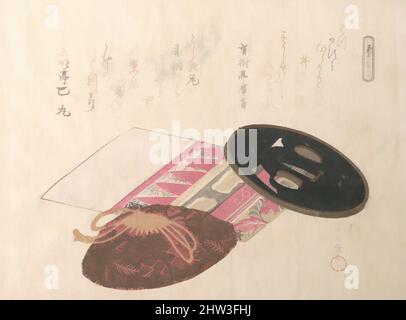 Kunst inspiriert von Tsuba (Schwertwächter) und Taschen, Edo-Zeit (1615–1868), 19.. Jahrhundert, Japan, Polychromer Holzschnitt (Surimono); Tinte und Farbe auf Papier, 5 1/2 x 7 3/8 Zoll (14 x 18,7 cm), Drucke, Kubo Shunman (japanisch, 1757–1820, Klassisches Werk, modernisiert von Artotop mit einem Schuss Moderne. Formen, Farbe und Wert, auffällige visuelle Wirkung auf Kunst. Emotionen durch Freiheit von Kunstwerken auf zeitgemäße Weise. Eine zeitlose Botschaft, die eine wild kreative neue Richtung verfolgt. Künstler, die sich dem digitalen Medium zuwenden und die Artotop NFT erschaffen Stockfoto