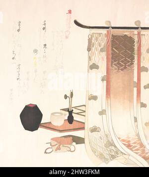 Kunst inspiriert von Bildschirm und Utensilien für die Räucherstäbchen-Zeremonie, Edo-Zeit (1615–1868), 19. Jahrhundert, Japan, Polychromer Holzschnitt (Surimono); Tinte und Farbe auf Papier, 8 1/16 x 7 1/4 Zoll (20,5 x 18,4 cm), Drucke, Kubo Shunman (japanisch, 1757–1820), Surimono, Buchstäblich 'gedruckte Materie, Classic Works modernisiert von Artotop mit einem Spritzer der Modernität. Formen, Farbe und Wert, auffällige visuelle Wirkung auf Kunst. Emotionen durch Freiheit von Kunstwerken auf zeitgemäße Weise. Eine zeitlose Botschaft, die eine wild kreative neue Richtung verfolgt. Künstler, die sich dem digitalen Medium zuwenden und die Artotop NFT erschaffen Stockfoto