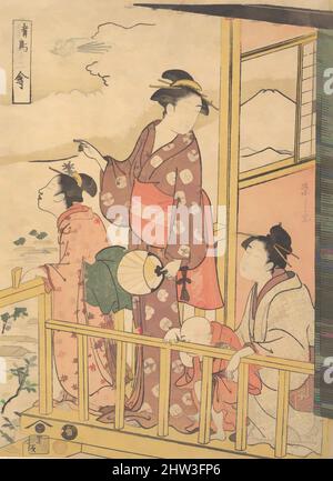 Kunst inspiriert von drei jungen Frauen und einem kleinen Jungen auf einem Balkon, beobachtete den Flug eines Onakadori, Edo-Periode (1615–1868), ca. 1788, Japan, Polychromer Holzschnitt; Tinte und Farbe auf Papier, H. 10 1/16 Zoll (25,6 cm); B: 7 3/16 Zoll (18,3 cm), Drucke, Chōbunsai Eishi (japanisch, 1756–, Klassisches Werk, modernisiert von Artotop mit einem Schuss Moderne. Formen, Farbe und Wert, auffällige visuelle Wirkung auf Kunst. Emotionen durch Freiheit von Kunstwerken auf zeitgemäße Weise. Eine zeitlose Botschaft, die eine wild kreative neue Richtung verfolgt. Künstler, die sich dem digitalen Medium zuwenden und die Artotop NFT erschaffen Stockfoto