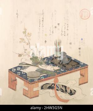 Kunst inspiriert von Schreibtisch mit Schreibtischset und Pflaumenblumen aus der Serie Ise Calendars for the Asakusa Group (Asakusa-gawa Ise goyomi), 『浅草側いせ暦』 文房具と梅熨斗, Edo-Periode (1615–1868), wahrscheinlich 1814 (Jahr des Hundes), Japan, Polychromer Holzschnitt (Surimono); Tusche und Farbe auf Papier, 8 1/4, Klassisches Werk, modernisiert von Artotop mit einem Schuss Moderne. Formen, Farbe und Wert, auffällige visuelle Wirkung auf Kunst. Emotionen durch Freiheit von Kunstwerken auf zeitgemäße Weise. Eine zeitlose Botschaft, die eine wild kreative neue Richtung verfolgt. Künstler, die sich dem digitalen Medium zuwenden und die Artotop NFT erschaffen Stockfoto