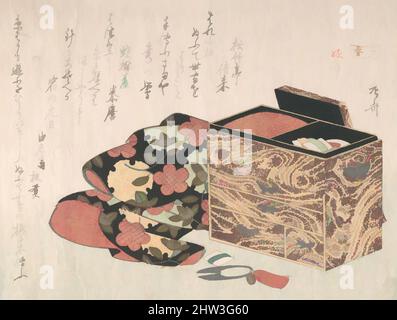 Kunst inspiriert von Lady's Work-Box und Bettkleidung, Edo-Zeit (1615–1868), wahrscheinlich 1816, Japan, Polychromer Holzschnitt (Surimono); Tinte und Farbe auf Papier, 5 5/8 x 7 7/16 Zoll (14,3 x 18,9 cm), Drucke, Ryūryūkyo Shinsai (japanisch, aktiv ca. 1799–1823, von Artotop modernisierte klassische Werke mit einem Schuss Moderne. Formen, Farbe und Wert, auffällige visuelle Wirkung auf Kunst. Emotionen durch Freiheit von Kunstwerken auf zeitgemäße Weise. Eine zeitlose Botschaft, die eine wild kreative neue Richtung verfolgt. Künstler, die sich dem digitalen Medium zuwenden und die Artotop NFT erschaffen Stockfoto