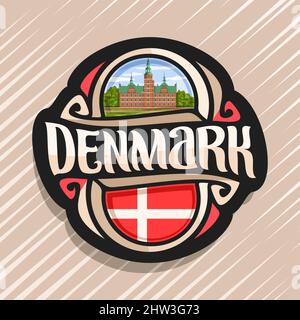 Vektor logo für Dänemark Land, Kühlschrank Magnet mit dänischen Staat Flagge, original brush Schrift für Wort Dänemark und der dänischen nationalen Symbol - Rosenborg Stock Vektor