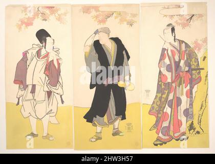 Kunst inspiriert von den Kabuki-Schauspielern Ichikawa Yaozō III, Onoe Matsusuke I und Sawamura Sōjūrō III, 三代目市川八百藏・初代目尾上松助・三代目澤村宗十郎, Edo-Periode (1615–1868), 11. Monate, 1786, Japan, Triptychon polychromer Holzschnitte; Tinte und Farbe auf Papier, A: 12 5/8 Zoll (32,1 cm); B: 5 3/4 Zoll (14,6 cm, Classic Works modernisiert von Artotop mit einem Schuss Moderne. Formen, Farbe und Wert, auffällige visuelle Wirkung auf Kunst. Emotionen durch Freiheit von Kunstwerken auf zeitgemäße Weise. Eine zeitlose Botschaft, die eine wild kreative neue Richtung verfolgt. Künstler, die sich dem digitalen Medium zuwenden und die Artotop NFT erschaffen Stockfoto