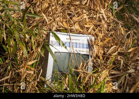 Der alte Fernseher wurde kopfüber in trockene Büsche geworfen Stockfoto