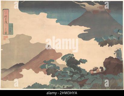 Kunst inspiriert vom Blick auf den Mt. Asama aus dem Usui-Pass, Edo-Zeit (1615–1868), ca. 1850, Japan, Polychromer Holzschnitt; Tinte und Farbe auf Papier, H. 10 1/8 Zoll (25,7 cm); B: 14 Zoll (35,6 cm), Drucke, Utagawa Kuniyoshi (japanisch, 1797–1861, Klassisches Werk, modernisiert von Artotop mit einem Schuss Moderne. Formen, Farbe und Wert, auffällige visuelle Wirkung auf Kunst. Emotionen durch Freiheit von Kunstwerken auf zeitgemäße Weise. Eine zeitlose Botschaft, die eine wild kreative neue Richtung verfolgt. Künstler, die sich dem digitalen Medium zuwenden und die Artotop NFT erschaffen Stockfoto