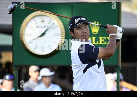 Orlando, Usa. 03. März 2022. Hideki Matsuyama schlägt sich bei der Arnold Palmer Invitational 2022 ab, die am Donnerstag, den 3. März 2022, im Bay Hill Club and Lodge in Orlando, Florida, stattfand. Foto von Joe Marino/UPI Credit: UPI/Alamy Live News Stockfoto