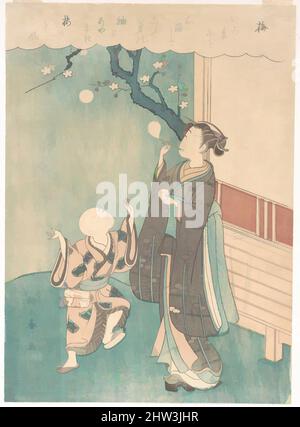 Kunst inspiriert von 梅, Seifenblasen unter der Pflaumenblüte, Edo-Zeit (1615–1868), Japan, Polychromer Holzschnitt; Tusche und Farbe auf Papier, 11 x 8 cm (27,9 x 20,3 cm), Drucke, Suzuki Harunobu (japanisch, 1725–1770), in diesem Druck wird das Gerät wieder von einem klassischen Gedicht verwendet, Klassische Werke, die von Artotop mit einem Schuss Moderne modernisiert wurden. Formen, Farbe und Wert, auffällige visuelle Wirkung auf Kunst. Emotionen durch Freiheit von Kunstwerken auf zeitgemäße Weise. Eine zeitlose Botschaft, die eine wild kreative neue Richtung verfolgt. Künstler, die sich dem digitalen Medium zuwenden und die Artotop NFT erschaffen Stockfoto