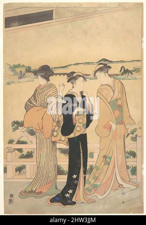 Kunst inspiriert von Three Women on a Veranda Overlooking a Bay, Edo-Zeit (1615–1868), Japan, Polychromer Holzschnitt; Tusche und Farbe auf Papier, 15 x 9 7/8 cm (38,1 x 25,1 cm), Drucke, Katsukawa Shunzan (japanisch, aktiv 1782–1798, Klassische Werke, die von Artotop mit einem Schuss Moderne modernisiert wurden. Formen, Farbe und Wert, auffällige visuelle Wirkung auf Kunst. Emotionen durch Freiheit von Kunstwerken auf zeitgemäße Weise. Eine zeitlose Botschaft, die eine wild kreative neue Richtung verfolgt. Künstler, die sich dem digitalen Medium zuwenden und die Artotop NFT erschaffen Stockfoto