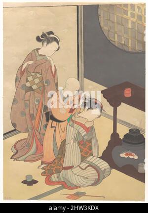 Kunst inspiriert von Night Rain am Doppelregal-Stand, aus der Serie Eight Parlor Views (Zashiki hakkei), Edo-Periode (1615–1868), ca. Ende 18.. Jahrhundert, Japan, Polychromer Holzschnitt; Tusche und Farbe auf Papier, H. 10 11/16 Zoll (27,1 cm); B: 8 Zoll (20,3 cm), Drucke, Suzuki Harunobu (, Klassisches Werk, das von Artotop mit einem Schuss Moderne modernisiert wurde. Formen, Farbe und Wert, auffällige visuelle Wirkung auf Kunst. Emotionen durch Freiheit von Kunstwerken auf zeitgemäße Weise. Eine zeitlose Botschaft, die eine wild kreative neue Richtung verfolgt. Künstler, die sich dem digitalen Medium zuwenden und die Artotop NFT erschaffen Stockfoto