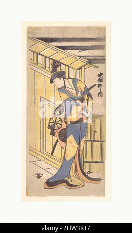 Kunst inspiriert von 二代中村野塩, der Schauspielerin Nakamura Noshio II, in der Rolle der Frau, Holding a Shakuhachi (Bambusflöte), Edo-Periode (1615–1868), 1796 (Kansei, 6. Jahre), Japan, Polychromer Holzschnitt; Tinte und Farbe auf Papier, 11 3/4 x 5 1/4 Zoll (29,8 x 13,3 cm), Drucke, Katsushika Hokusai (, Klassische Werke, die von Artotop mit einem Schuss Moderne modernisiert wurden. Formen, Farbe und Wert, auffällige visuelle Wirkung auf Kunst. Emotionen durch Freiheit von Kunstwerken auf zeitgemäße Weise. Eine zeitlose Botschaft, die eine wild kreative neue Richtung verfolgt. Künstler, die sich dem digitalen Medium zuwenden und die Artotop NFT erschaffen Stockfoto