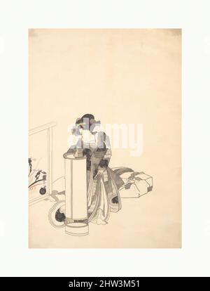 Kunst inspiriert von Young Woman Leaning over a Tall Lamp, Edo-Zeit (1615–1868), Japan, monochromer Holzschnitt; Tinte auf Papier, H. 10 5/8 Zoll (27 cm); B: 7 7/16 Zoll (18,9 cm), Drucke, Utagawa Kuniyasu (japanisch, 1794–1834, Klassisches Werk, modernisiert von Artotop mit einem Schuss Moderne. Formen, Farbe und Wert, auffällige visuelle Wirkung auf Kunst. Emotionen durch Freiheit von Kunstwerken auf zeitgemäße Weise. Eine zeitlose Botschaft, die eine wild kreative neue Richtung verfolgt. Künstler, die sich dem digitalen Medium zuwenden und die Artotop NFT erschaffen Stockfoto