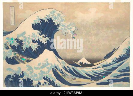 Kunst inspiriert von 冨嶽三十六景 神奈川沖浪裏, Under the Wave off Kanagawa (Kanagawa oki nami ura), auch bekannt als die große Welle, aus der Serie 36 Ansichten des Fuji-Berges (Fugaku sanjūrokkei), Edo-Periode (1615–1868), ca. 1830–32, Japan, Polychromer Holzschnitt; Tusche und Farbe auf Papier, 9 7/8 x, Klassisches Werk, modernisiert von Artotop mit einem Schuss Moderne. Formen, Farbe und Wert, auffällige visuelle Wirkung auf Kunst. Emotionen durch Freiheit von Kunstwerken auf zeitgemäße Weise. Eine zeitlose Botschaft, die eine wild kreative neue Richtung verfolgt. Künstler, die sich dem digitalen Medium zuwenden und die Artotop NFT erschaffen Stockfoto
