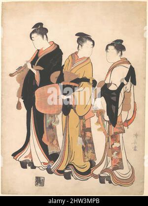 Kunst inspiriert von drei jungen Frauen, die sich als Komuso (Bummelmunstrel), Edo-Zeit (1615–1868), ca. 1778, Japan, Polychromer Holzschnitt; Tinte und Farbe auf Papier, 10 5/16 x 7 3/4 Zoll (26,2 x 19,7 cm), Drucke, Torii Kiyonaga (japanisch, 1752–1815, Klassische Werke, die von Artotop mit einem Schuss Moderne modernisiert wurden. Formen, Farbe und Wert, auffällige visuelle Wirkung auf Kunst. Emotionen durch Freiheit von Kunstwerken auf zeitgemäße Weise. Eine zeitlose Botschaft, die eine wild kreative neue Richtung verfolgt. Künstler, die sich dem digitalen Medium zuwenden und die Artotop NFT erschaffen Stockfoto