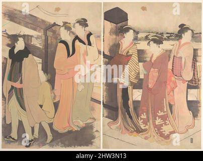 Kunst inspiriert von Einer Gruppe von Frauen, einem Mann und einem Jungen auf einer Brücke, Edo-Zeit (1615–1868), Japan, Diptychon polychromer Holzschnitte; Tinte und Farbe auf Papier, Bild (jeweils): 14 7/16 × 9 3/4 in. (36,7 × 24,8 cm), Drucke, Katsukawa Shunchō (japanisch, aktiv ca. 1783–95, von Artotop modernisierte klassische Werke mit einem Schuss Moderne. Formen, Farbe und Wert, auffällige visuelle Wirkung auf Kunst. Emotionen durch Freiheit von Kunstwerken auf zeitgemäße Weise. Eine zeitlose Botschaft, die eine wild kreative neue Richtung verfolgt. Künstler, die sich dem digitalen Medium zuwenden und die Artotop NFT erschaffen Stockfoto