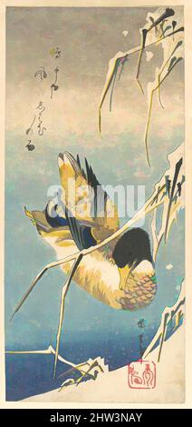 Kunst inspiriert von 歌川広重画 雪中芦に鴨, Mallard Duck und schneebedecktem Schilf, Edo-Zeit (1615–1868), ca. 1832, Japan, Polychromer Holzschnitt; Tinte und Farbe auf Papier, 15 x 6 7/8 Zoll (38,1 x 17,5 cm), Drucke, Utagawa Hiroshige (japanisch, Tokyo (Edo) 1797–1858 Tokyo (Edo)), Kamo naku ya kaze, Klassisches Werk, das von Artotop mit einem Schuss Moderne modernisiert wurde. Formen, Farbe und Wert, auffällige visuelle Wirkung auf Kunst. Emotionen durch Freiheit von Kunstwerken auf zeitgemäße Weise. Eine zeitlose Botschaft, die eine wild kreative neue Richtung verfolgt. Künstler, die sich dem digitalen Medium zuwenden und die Artotop NFT erschaffen Stockfoto