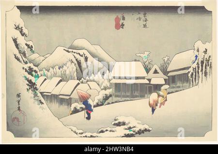 Kunst inspiriert von 東海道五十三次之内 蒲原 夜の雪, abendlicher Schnee in Kanbara, aus der Serie '53 Stationen des Tōkaidō', Edo-Zeit (1615–1868), ca. 1833–34, Japan, Polychromer Holzschnitt; Tinte und Farbe auf Papier, 8 7/8 x 13 3/4 Zoll (22,5 x 34,9 cm), Drucke, Utagawa Hiroshige (Japanisch, Klassisches Werk, modernisiert von Artotop mit einem Schuss Modernität. Formen, Farbe und Wert, auffällige visuelle Wirkung auf Kunst. Emotionen durch Freiheit von Kunstwerken auf zeitgemäße Weise. Eine zeitlose Botschaft, die eine wild kreative neue Richtung verfolgt. Künstler, die sich dem digitalen Medium zuwenden und die Artotop NFT erschaffen Stockfoto