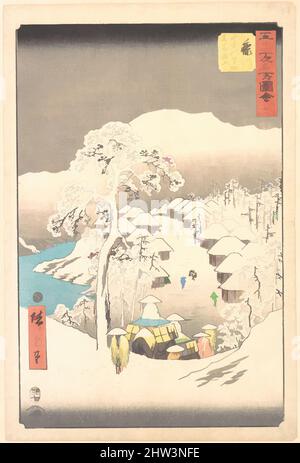 Kunst inspiriert von 五十三次名所図会 藤川 山中の里別名宮路山, Fujikawa, einem Dorf in den Bergen, das früher Miyajiyama, Edo-Zeit (1615–1868), 1855, Japan, Polychromholzschnitt; Tinte und Farbe auf Papier, 13 1/2 x 8 7/8 Zoll (34,3 x 22,5 cm), Drucke, Utagawa Hiroshige (japanisch, Tokyo (Edo) 1797–, Klassisches Werk, modernisiert von Artotop mit einem Schuss Moderne. Formen, Farbe und Wert, auffällige visuelle Wirkung auf Kunst. Emotionen durch Freiheit von Kunstwerken auf zeitgemäße Weise. Eine zeitlose Botschaft, die eine wild kreative neue Richtung verfolgt. Künstler, die sich dem digitalen Medium zuwenden und die Artotop NFT erschaffen Stockfoto