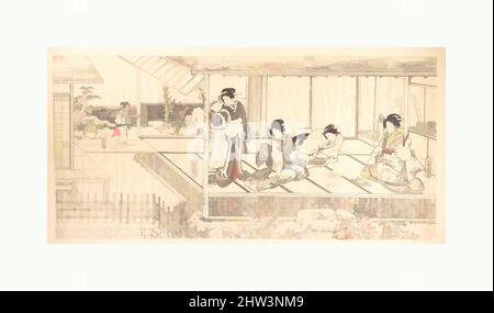 Kunst inspiriert von zwei Hofladies (Goten Jochu) und einer Geisha in einem Restaurant, Edo-Zeit (1615–1868), nach 1844, Japan, Triptychon polychromer Holzschnitte; Tinte und Farbe auf dünnem Papier, 14 1/4 x 30 1/2 Zoll (36,2 x 77,5 cm), Drucke, Utagawa Kunisada (japanisch, 1786–1865), Ichiransai, Klassische Werke, die von Artotop mit einem Hauch von Moderne modernisiert wurden. Formen, Farbe und Wert, auffällige visuelle Wirkung auf Kunst. Emotionen durch Freiheit von Kunstwerken auf zeitgemäße Weise. Eine zeitlose Botschaft, die eine wild kreative neue Richtung verfolgt. Künstler, die sich dem digitalen Medium zuwenden und die Artotop NFT erschaffen Stockfoto