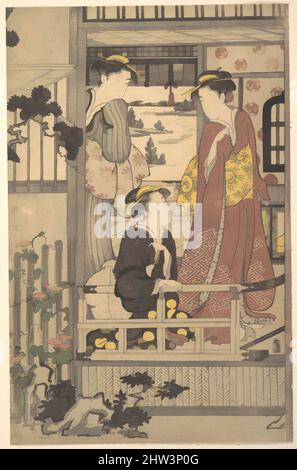 Kunst inspiriert von drei Frauen auf einer Veranda, Edo-Periode (1615–1868), 1756–1829, Japan, Polychromer Holzschnitt; Tinte und Farbe auf Papier, 14 7/8 x 9 9/16 Zoll (37,8 x 24,3 cm), Drucke, Chōbunsai Eishi (japanisch, 1756–1829, Klassisches Werk, modernisiert von Artotop mit einem Schuss Moderne. Formen, Farbe und Wert, auffällige visuelle Wirkung auf Kunst. Emotionen durch Freiheit von Kunstwerken auf zeitgemäße Weise. Eine zeitlose Botschaft, die eine wild kreative neue Richtung verfolgt. Künstler, die sich dem digitalen Medium zuwenden und die Artotop NFT erschaffen Stockfoto