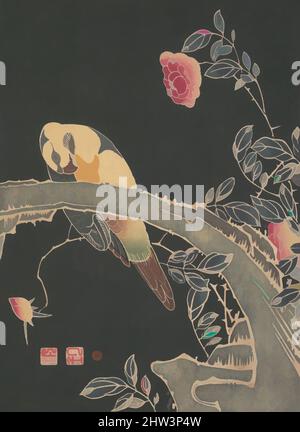 Kunst inspiriert von Papagei am Zweig eines blühenden Rosenbusches, Meiji-Zeit (1868–1912), ca. 1900, Japan, Polychromer Holzschnitt; Tinte und Farbe auf Papier, 10 x 13 3/4 Zoll (25,4 x 34,9 cm), Drucke, Itō Jakuchū (japanisch, 1716–1800, Klassisches Werk, modernisiert von Artotop mit einem Schuss Moderne. Formen, Farbe und Wert, auffällige visuelle Wirkung auf Kunst. Emotionen durch Freiheit von Kunstwerken auf zeitgemäße Weise. Eine zeitlose Botschaft, die eine wild kreative neue Richtung verfolgt. Künstler, die sich dem digitalen Medium zuwenden und die Artotop NFT erschaffen Stockfoto