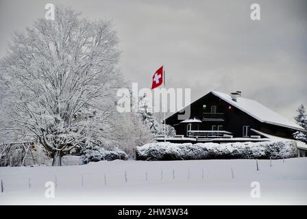 Chalet mit Schweizer Flagge in Les Ecovets, Villars-sur-Ollon in den Schweizer Alpen Stockfoto