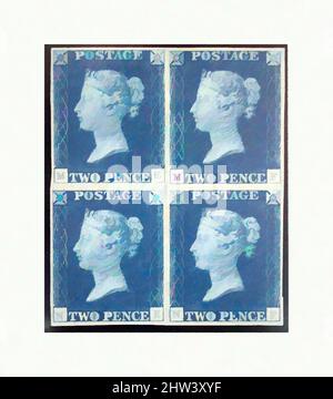 Kunst inspiriert von zwei Penny Blue' Briefmarken, ausgestellt am 8. Mai 1840, britisch, Gravur gedruckt in blauer Tinte auf Papier, 1 7/8 × 1 5/8 Zoll (4,8 × 4,1 cm), nach einem Entwurf von William Wyon (British, Birmingham 1795–1851 Brighton, Classic Works modernisiert von Artotop mit einem Schuss Moderne. Formen, Farbe und Wert, auffällige visuelle Wirkung auf Kunst. Emotionen durch Freiheit von Kunstwerken auf zeitgemäße Weise. Eine zeitlose Botschaft, die eine wild kreative neue Richtung verfolgt. Künstler, die sich dem digitalen Medium zuwenden und die Artotop NFT erschaffen Stockfoto