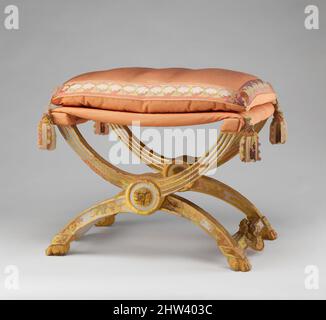 Kunst inspiriert von Folding Hocker (Pliant) (einer von einem Paar), 1786, Französisch, geschnitzt und bemalt Buchenholz, mit rosa Seide bedeckt, 18 1/4 Zoll × 27 Zoll × 20 1/4 Zoll (46,4 × 68,6 × 51,4 cm), Holzmöbel, Jean-Baptiste-Claude Sené (1748–1803), vergoldet von Louis-François Chatard (ca. 1749–1819, von Artotop modernisierte klassische Werke mit einem Schuss Moderne. Formen, Farbe und Wert, auffällige visuelle Wirkung auf Kunst. Emotionen durch Freiheit von Kunstwerken auf zeitgemäße Weise. Eine zeitlose Botschaft, die eine wild kreative neue Richtung verfolgt. Künstler, die sich dem digitalen Medium zuwenden und die Artotop NFT erschaffen Stockfoto