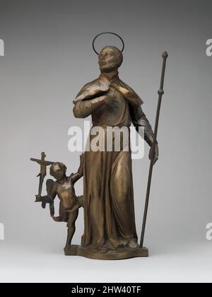 Kunst inspiriert von Franz Xaver mit einem Engel, der ein Kreuz hält, ca. 1720–25, Italienisch, Venedig, Bronze, insgesamt (bestätigt): H. 25 x B 14 x T 6 1/16 in., 29lb. (63,5 x 35,6 x 15,4 cm, 133kg), Skulptur-Bronze, Mitbegründer der Gesellschaft Jesu, Heilige Ignatius Loyola (1491–1556, Klassisches Werk, modernisiert von Artotop mit einem Schuss Moderne. Formen, Farbe und Wert, auffällige visuelle Wirkung auf Kunst. Emotionen durch Freiheit von Kunstwerken auf zeitgemäße Weise. Eine zeitlose Botschaft, die eine wild kreative neue Richtung verfolgt. Künstler, die sich dem digitalen Medium zuwenden und die Artotop NFT erschaffen Stockfoto