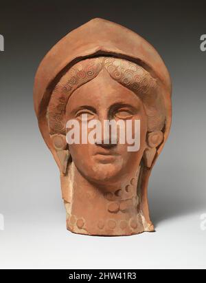 Kunst inspiriert von Terrakotta-Kopf einer Frau trägt einen stephane, Cypro-Classical II, ca. 400–310 v. Chr., zypriotisch, Terrakotta; Schimmelpilzbildung, H. 13 3/4 Zoll (35 cm), Terracottas, der Kopf gehört zu einer großen Terrakotta-Statue, die als Votiv in einem Heiligtum aufgestellt worden sein könnte. Andere Beispiele, Classic Works modernisiert von Artotop mit einem Schuss Moderne. Formen, Farbe und Wert, auffällige visuelle Wirkung auf Kunst. Emotionen durch Freiheit von Kunstwerken auf zeitgemäße Weise. Eine zeitlose Botschaft, die eine wild kreative neue Richtung verfolgt. Künstler, die sich dem digitalen Medium zuwenden und die Artotop NFT erschaffen Stockfoto