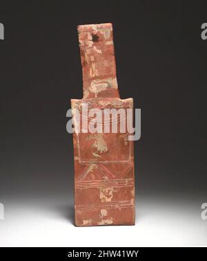 Terrakotta Plank-förmige Figur, frühe Zyprischen III - Mitte zyprischen ICH, Ca. 2000 - 1800 v. Chr., die zyprische, Terracotta, handgefertigt, H. 11 3/16 in. (28,4 cm), Terrakotten, Dies ist ein Beispiel für eine frühe Art der Plank-förmige Figur, mit rechteckiger Kopf und Schultern. Die Patterns auf den Körper wahrscheinlich zeigen ein Kleidungsstück aus Geweben, mit Schmuck überlagert. Solche Figuren erinnern sich vielleicht Kult Statuen aus Stein oder Holz, die in den Heiligtümern gesetzt wurden Stockfoto