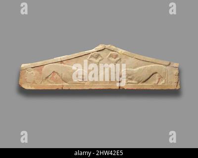 Kunst inspiriert von Kalksteingiebel aus einer Grabstele (Schacht), hellenistisch, 3.–2. Jahrhundert v. Chr., zypriotisch, Kalkstein, Insgesamt: 13 1/2 × 48 Zoll (34,3 × 121,9 cm), Cesnola-Inschriften, in der Mitte stehen zwei Frauen, die trauernd die Haare zerreißen. Sie werden von Löwen flankiert und, von Artotop modernisierte Classic Works mit einem Schuss Moderne. Formen, Farbe und Wert, auffällige visuelle Wirkung auf Kunst. Emotionen durch Freiheit von Kunstwerken auf zeitgemäße Weise. Eine zeitlose Botschaft, die eine wild kreative neue Richtung verfolgt. Künstler, die sich dem digitalen Medium zuwenden und die Artotop NFT erschaffen Stockfoto