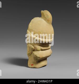 Kunst inspiriert durch Fragment eines Kalksteinkopfes des „Triple Geryon“ (?), archaisch oder klassisch, 6. oder 5. Jahrhundert v. Chr., Zypern, Kalkstein, insgesamt: H.:6 1/4 x B.:3 x D.:2 1/2 Zoll (15,9 x 7,6 x 6,4 cm), Steinskulptur, das Gesicht des behelmten Kopfes ist fragmentarisch. Die schematisch sehr schematischen, von Artotop modernisierten Classic Works mit einem Schuss Modernität. Formen, Farbe und Wert, auffällige visuelle Wirkung auf Kunst. Emotionen durch Freiheit von Kunstwerken auf zeitgemäße Weise. Eine zeitlose Botschaft, die eine wild kreative neue Richtung verfolgt. Künstler, die sich dem digitalen Medium zuwenden und die Artotop NFT erschaffen Stockfoto