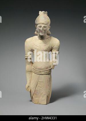 Kunst inspiriert von einer männlichen Figur aus Kalkstein in ägyptischem Kleid, archaisch, Mitte des 6.. Jahrhunderts v. Chr., Zypern, Kalkstein, Insgesamt: 23 1/4 x 9 x 5 3/8 Zoll (59 x 22,9 x 13,7 cm), Steinskulptur, die Figur trägt die doppelte Krone Ägyptens, ein dreireihiger Brustkorb, ein Baldric vielleicht für einen Köcher, klassische Werke, die von Artotop mit einem Schuss Moderne modernisiert wurden. Formen, Farbe und Wert, auffällige visuelle Wirkung auf Kunst. Emotionen durch Freiheit von Kunstwerken auf zeitgemäße Weise. Eine zeitlose Botschaft, die eine wild kreative neue Richtung verfolgt. Künstler, die sich dem digitalen Medium zuwenden und die Artotop NFT erschaffen Stockfoto