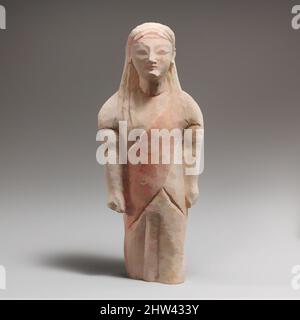 Kunst inspiriert von Kalkstein-Statuette des bartlosen männlichen Wählers in griechischer Kleidung, archaisch, Mitte des 6.. Jahrhunderts v. Chr., Zypern, Kalkstein, H.: 7 x 3 1/8 x 1 1/2 Zoll (17,8 x 7,9 x 3,8 cm), Steinskulptur, der untere Teil der Beine fehlt. Das linke Bein ist vorgerückt und beide Arme werden an den Armen gehalten, Classic Works modernisiert von Artotop mit einem Schuss Moderne. Formen, Farbe und Wert, auffällige visuelle Wirkung auf Kunst. Emotionen durch Freiheit von Kunstwerken auf zeitgemäße Weise. Eine zeitlose Botschaft, die eine wild kreative neue Richtung verfolgt. Künstler, die sich dem digitalen Medium zuwenden und die Artotop NFT erschaffen Stockfoto