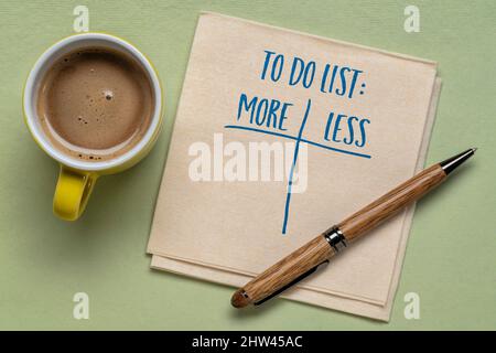 To-do-Liste - mehr oder weniger, Handschrift auf Serviette mit einer Tasse Kaffee, Planungs- und Zielkonzept Stockfoto