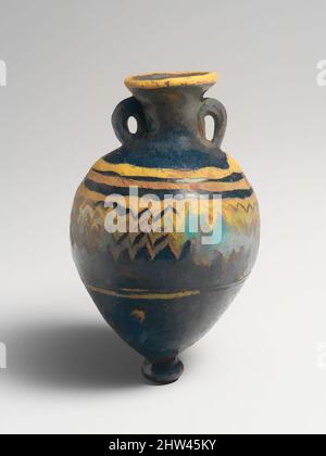 Kunst inspiriert von Glas Amphoriskos (Parfümflasche), klassisch, Ende 6.–5. Jahrhundert v. Chr., Griechisch, östliches Mittelmeer, Glas; Kernform, Gruppe I, H.: 3 Zoll (7,6 cm), Glas, lichtdurchlässig, mit Griffen in gleicher Farbe; Trails in opak-gelb und opak-türkisblau. Uneben, Classic Works modernisiert von Artotop mit einem Schuss Moderne. Formen, Farbe und Wert, auffällige visuelle Wirkung auf Kunst. Emotionen durch Freiheit von Kunstwerken auf zeitgemäße Weise. Eine zeitlose Botschaft, die eine wild kreative neue Richtung verfolgt. Künstler, die sich dem digitalen Medium zuwenden und die Artotop NFT erschaffen Stockfoto