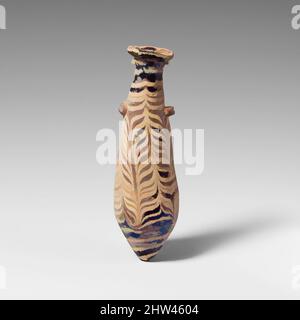 Kunst inspiriert von Glas-Alabastroon (Parfümflasche), hellenistisch, 2.–Mitte 1. Jahrhundert v. Chr., Griechisch, Östliches Mittelmeer, Glas; kernförmig, Gruppe III, H.: 4 5/8 Zoll (11,8 cm), Glas, lichtdurchlässig hellblau mit grünlichen Reflexen, mit Griffen in gleicher Farbe; Trails in opak-weiß. Rim-Disk, Classic Works modernisiert von Artotop mit einem Schuss Moderne. Formen, Farbe und Wert, auffällige visuelle Wirkung auf Kunst. Emotionen durch Freiheit von Kunstwerken auf zeitgemäße Weise. Eine zeitlose Botschaft, die eine wild kreative neue Richtung verfolgt. Künstler, die sich dem digitalen Medium zuwenden und die Artotop NFT erschaffen Stockfoto