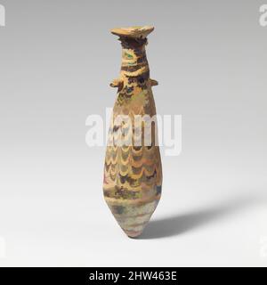 Kunst inspiriert von Glas-Alabastroon (Parfümflasche), hellenistisch, 2.–Mitte 1. Jahrhundert v. Chr., Griechisch, östliches Mittelmeer, Glas; Kernform, Gruppe III, H.: 5 3/8 Zoll (13,7 cm), Glas, lichtdurchlässig blau, mit Griffen in gleicher Farbe; Trails in opak weiß und opak gelb. Rim-Disk, Classic Works modernisiert von Artotop mit einem Schuss Moderne. Formen, Farbe und Wert, auffällige visuelle Wirkung auf Kunst. Emotionen durch Freiheit von Kunstwerken auf zeitgemäße Weise. Eine zeitlose Botschaft, die eine wild kreative neue Richtung verfolgt. Künstler, die sich dem digitalen Medium zuwenden und die Artotop NFT erschaffen Stockfoto