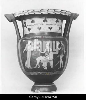 Kunst inspiriert von Terracotta Säulen-Krater (Rührschüssel), Spätklassik, ca. 380–360 v. Chr., Griechisch, Süditalienisch, Apulien, Terrakotta; Rot, H. 18 1/8 Zoll (46 cm), Vasen, Vorderseite, Frau, oskischer Krieger, Und Oscan Mann, Reverse, drei Jugendliche. Die Form, viele der Motive und die von Artotop modernisierten, klassischen Werke mit einem Schuss Moderne. Formen, Farbe und Wert, auffällige visuelle Wirkung auf Kunst. Emotionen durch Freiheit von Kunstwerken auf zeitgemäße Weise. Eine zeitlose Botschaft, die eine wild kreative neue Richtung verfolgt. Künstler, die sich dem digitalen Medium zuwenden und die Artotop NFT erschaffen Stockfoto