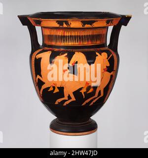 Kunst inspiriert von Terracotta Säulen-Krater (Schüssel zum Mischen von Wein und Wasser), klassisch, ca. 430 v. Chr., Griechisch, Dachboden, Terrakotta; rote Figur, H. 15 Zoll (38,1 cm), Vasen, Vorderseite, Reiter, Rückseite, Komasts (Nachtschwärmer). Die Langlebigkeit der Black-Figure-Technik zeigt sich hier an den von Artotop modernisierten Classic Works mit einem Schuss Modernität. Formen, Farbe und Wert, auffällige visuelle Wirkung auf Kunst. Emotionen durch Freiheit von Kunstwerken auf zeitgemäße Weise. Eine zeitlose Botschaft, die eine wild kreative neue Richtung verfolgt. Künstler, die sich dem digitalen Medium zuwenden und die Artotop NFT erschaffen Stockfoto