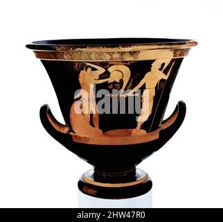 Kunst inspiriert von Terracotta Calyx-Krater (Schüssel zum Mischen von Wein und Wasser), archaisch, ca. 490 v. Chr., Griechisch, Dachboden, Terrakotta; rote Figur, H. 18 1/2 Zoll (47 cm), Vasen, Vorder- und Rückseite, zwei Krieger bewaffnen. Wie auf der angrenzenden Nackenamphora konzentriert sich der Kleophrades-Maler hier auf seine Kunst, klassische Werke, die von Artotop mit einem Schuss Moderne modernisiert wurden. Formen, Farbe und Wert, auffällige visuelle Wirkung auf Kunst. Emotionen durch Freiheit von Kunstwerken auf zeitgemäße Weise. Eine zeitlose Botschaft, die eine wild kreative neue Richtung verfolgt. Künstler, die sich dem digitalen Medium zuwenden und die Artotop NFT erschaffen Stockfoto