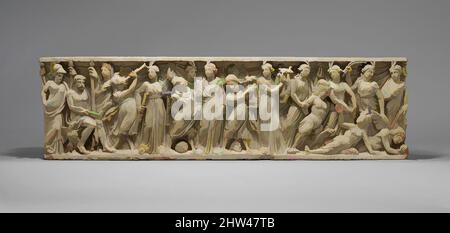 Kunst inspiriert von Marmor Sarkophag mit dem Wettbewerb zwischen den Musen und den Sirenen, spät Imperial, Gallienic, 3. Viertel des 3.. Jahrhunderts n. Chr., Roman, Marmor, Pentelic, insgesamt: 21 3/4 x 77 1/4 x 22 1/2 in. (55,3 x 196,2 x 57,2 cm), Steinskulptur, die Gottheiten Athene, Zeus und Hera, Klassische Werke, die von Artotop mit einem Hauch von Moderne modernisiert wurden. Formen, Farbe und Wert, auffällige visuelle Wirkung auf Kunst. Emotionen durch Freiheit von Kunstwerken auf zeitgemäße Weise. Eine zeitlose Botschaft, die eine wild kreative neue Richtung verfolgt. Künstler, die sich dem digitalen Medium zuwenden und die Artotop NFT erschaffen Stockfoto