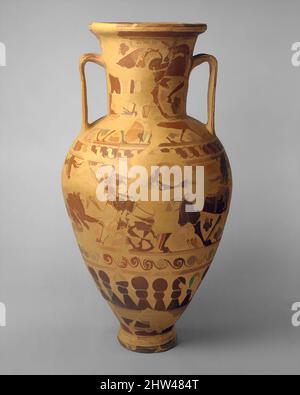 Kunst inspiriert von Terracotta Hals-Amphora (Aufbewahrungsglas), Proto-Attic, zweites Viertel des 7.. Jahrhunderts v. Chr., Griechisch, Dachboden, Terracotta, H. 42 3/4 Zoll (108,6 cm); Durchmesser 22 Zoll (55,9 cm), Vasen, in der ersten Hälfte des 7. Jahrhunderts v. Chr. gaben Vasenmaler in Athen die von Artotop modernisierten, klassischen Werke mit einem Hauch von Moderne auf. Formen, Farbe und Wert, auffällige visuelle Wirkung auf Kunst. Emotionen durch Freiheit von Kunstwerken auf zeitgemäße Weise. Eine zeitlose Botschaft, die eine wild kreative neue Richtung verfolgt. Künstler, die sich dem digitalen Medium zuwenden und die Artotop NFT erschaffen Stockfoto