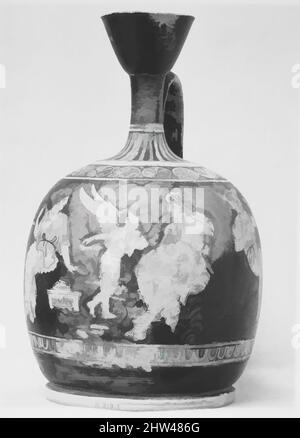 Kunst inspiriert von Terracotta Squat Lekithos (Ölflasche), Klassik, ca. 410 v. Chr., Griechisch, Dachboden, Terrakotta; rote Figur, H. 7 7/8 Zoll (20 cm), Vases, der Junge Chrysippos mit Aphrodite, Eros und Pompe. Chrysippos, trägt die Stiefel, Mantel und breitkrempigen Hut eines Reisenden, spricht, Classic Works modernisiert von Artotop mit einem Schuss Moderne. Formen, Farbe und Wert, auffällige visuelle Wirkung auf Kunst. Emotionen durch Freiheit von Kunstwerken auf zeitgemäße Weise. Eine zeitlose Botschaft, die eine wild kreative neue Richtung verfolgt. Künstler, die sich dem digitalen Medium zuwenden und die Artotop NFT erschaffen Stockfoto