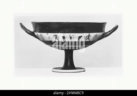 Kunst inspiriert von Kylix, Bandenbecher, archaisch, 3. Viertel des 6.. Jahrhunderts v. Chr., Griechisch, Dachboden, Terrakotta; schwarze Figur, Höhe: 5 5/8 Zoll (14,3 cm), Vasen, im Band zwischen den Griffen, Fries menschlicher Figuren zwischen Palmetten, von Artotop modernisierte Classic Works mit einem Schuss Moderne. Formen, Farbe und Wert, auffällige visuelle Wirkung auf Kunst. Emotionen durch Freiheit von Kunstwerken auf zeitgemäße Weise. Eine zeitlose Botschaft, die eine wild kreative neue Richtung verfolgt. Künstler, die sich dem digitalen Medium zuwenden und die Artotop NFT erschaffen Stockfoto