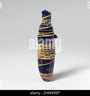 Kunst inspiriert von Glas-Alabastroon (Parfümflasche), hellenistisch, 3.–2. Jahrhundert v. Chr., Griechisch, Östliches Mittelmeer, Glas; kernförmig, Gruppe III, H.: 5 3/16 Zoll (13,2 cm), Glas, lichtdurchlässig kobaltblau, mit Griffen in gleicher Farbe; Trails in opak weiß und opak gelb, Classic Works modernisiert von Artotop mit einem Schuss Moderne. Formen, Farbe und Wert, auffällige visuelle Wirkung auf Kunst. Emotionen durch Freiheit von Kunstwerken auf zeitgemäße Weise. Eine zeitlose Botschaft, die eine wild kreative neue Richtung verfolgt. Künstler, die sich dem digitalen Medium zuwenden und die Artotop NFT erschaffen Stockfoto